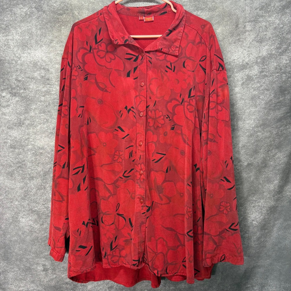 Tianello Red Black Floral Lesli Blouse Button Up Shirt Womens Size XL Tencel